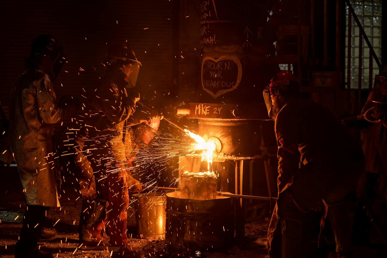 Metalworkers in protective gear handle molten metal at a foundry in Milwaukee, Wisconsin.